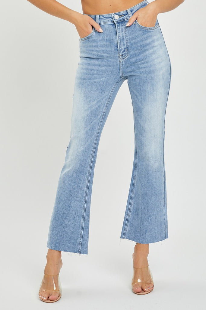 risen high rise cropped flare frayed jeans in medium wash RDP5168 – rivers  & roads boutique